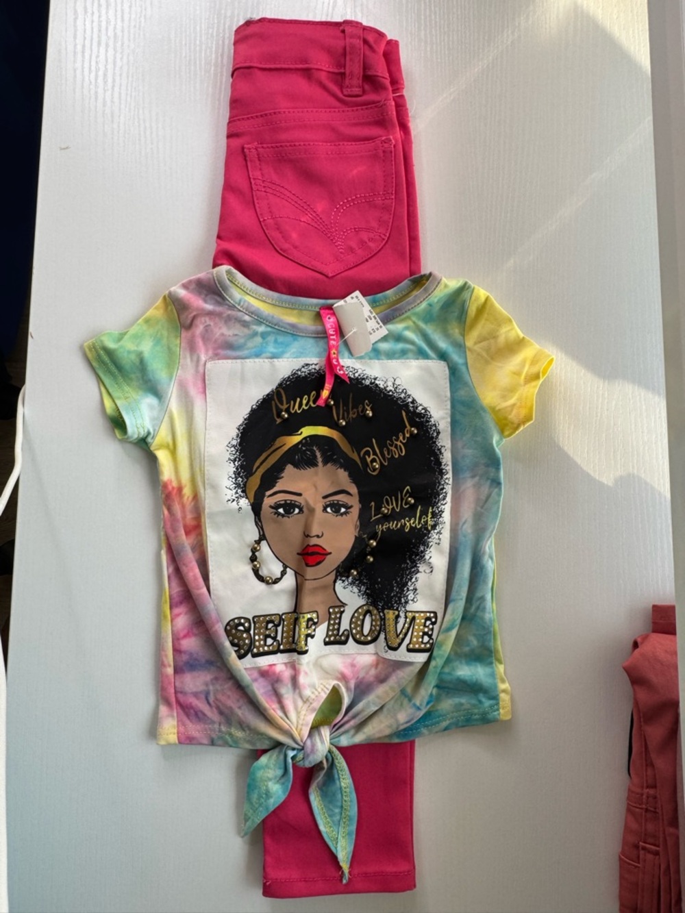 Self Love Tie-Front Tee & Pink Skinny Pants Set - Kids